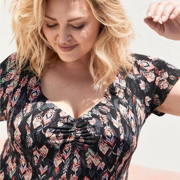 Torrid | Super Soft Knit Black Graphic Dress V-neck - Picture 3 of 9